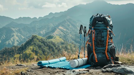 A backpack, trekking poles, and a sleeping mat laid out in the mountains, with space available for text. Illustrating essential tourism equipment for outdoor adventures. - obrazy, fototapety, plakaty