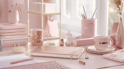 A stylishly feminine desktop adorned in shades of gold and dusty pink, featuring modern stationery. Inspired by the office workspace of a fashionable woman. Flat lay arrangement with fresh flowers 