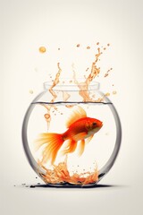 A goldfish is swimming in a fishbowl with water splashing out of the sides - obrazy, fototapety, plakaty