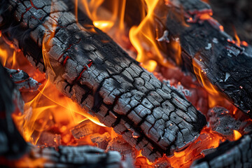 A macro view of the edge of a campfire, where flames meet untouched wood, showcasing the initial moments of combustion.