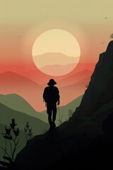 A man is walking on a mountain with a sunset in the background