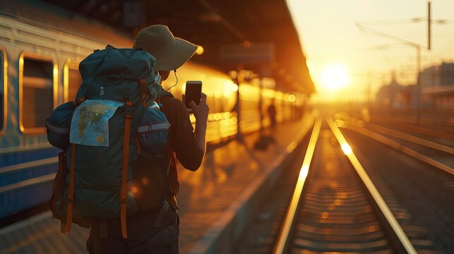 A traveler's backpack with a map inside, a mobile phone with earphones, and a hat, all set at the train station during sunset. Emphasizing the concept of travel and exploration.