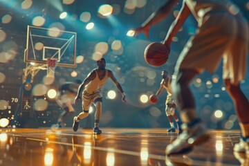 An electrifying depiction of a focused basketball player dribbling past opponents during an intense...