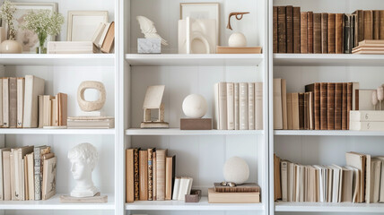 A segment of a white bookshelf with a focus on a series of small, abstract sculptures and a few select, well-spaced books. - obrazy, fototapety, plakaty