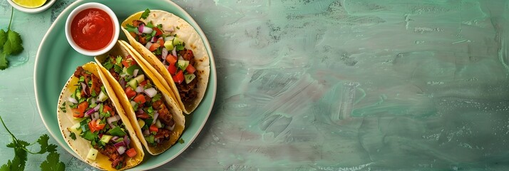 Two tacos with fresh salsa on a plate. Сinco de Mayo holiday. Mexican culture concept. Design for banner, poster - obrazy, fototapety, plakaty