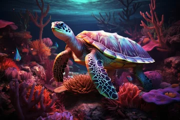 Fotobehang Majestic sea turtle gracefully gliding through the vibrant underwater world of colorful coral reefs © firax