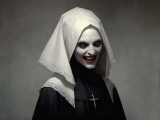 Spooky nun. Creepy female vampire with sharp teeth and victorian attire