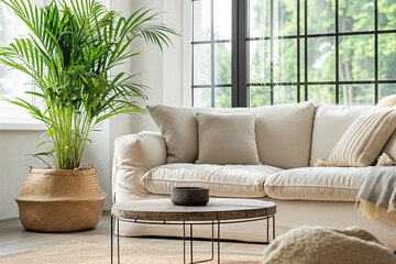 Bright Minimalist Living Room with Beige Sofa and Indoor Palm. Scandinavian Style Interior with Natural Light and Simple Decor