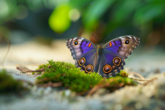 A vibrant lesser purple emperor butterfly on a sandy stone, surrounded by a carpet of green moss. The contrast of textures and colors highlights the butterfly's elegance.