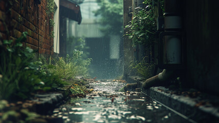 An atmospheric view of a lonely alley during a summer storm, with rainwater gushing into a gutter, carrying leaves and debris. - obrazy, fototapety, plakaty