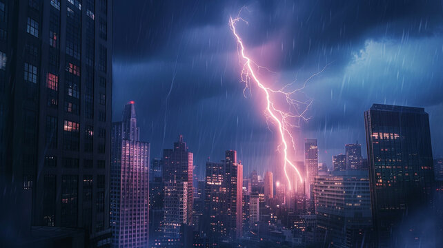 Fototapeta An electrifying view of a lightning bolt striking a tall building in a bustling city during a night-time thunderstorm.
