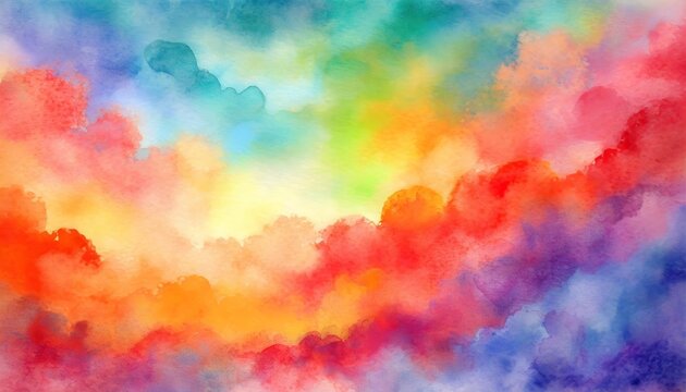 colorful watercolor background of abstract sunset sky with puffy clouds in bright rainbow colors of red orange green blue yellow and purple