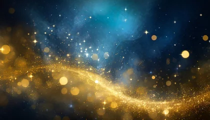 Fotobehang abstract blue and gold background with particles golden dust light sparkle and star shape on dark endless space wallpaper christmas new year s eve cosmos theme shiny fantasy galaxy concept © Charlotte