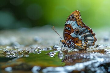 Close view of a lesser purple emperor butterfly on a rain-soaked stone, with water droplets...
