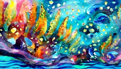 Fototapeta na wymiar handmade watercolor abstract background with bright and colorful textural elements depicting an underwater world this modern painting showcases a sea pattern