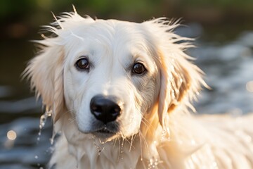White wet dog stands under the rays of the sun after playing in the water