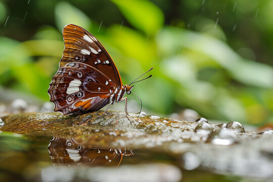 Close view of a lesser purple emperor butterfly on a rain-soaked stone, with water droplets reflecting the surrounding greenery. The scene is a celebration of life-giving water.