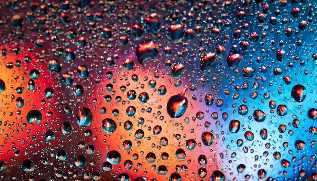 drops of water on glass in red neon light rain on the glass against the background of colored lights abstract photo for background