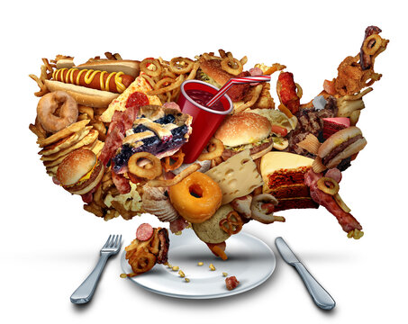 US Unhealthy Eating Habits and American Junk Food Crisis or fast-food Diet as United States nutrition issue or obesity in America and greasy high cholesterol eating