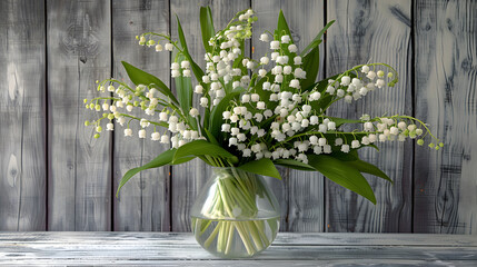 bouquet of lilies of the valley on a light gray wooden background