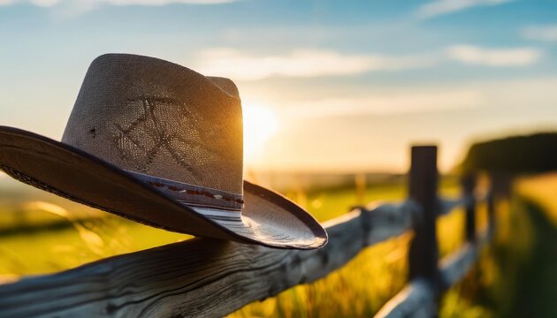 rural background with cowboy hat on wooden fence rustic sunset outdoor backdrop generative image