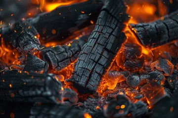 Tuinposter The detailed texture of charred wood in a campfire, surrounded by glowing embers and small flames licking the air. © Kalu