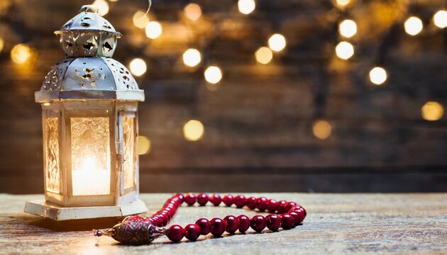 islamic new year decoration with praying beads and lantern ramadan kareem background