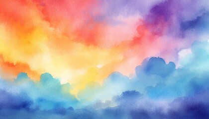 colorful watercolor background of abstract sunset sky with puffy clouds in bright rainbow colors of blue yellow red orange and purple - obrazy, fototapety, plakaty