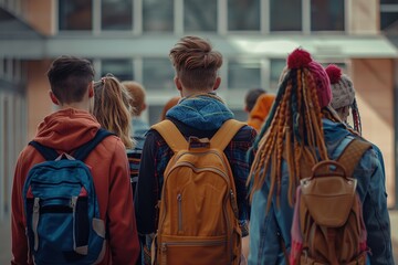 Back view of Students with backpacks standing in corridor at school, Ai Generated