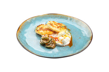breakfast with egg, cucumbers and cheesecakes on a plate, transparent background, cut out