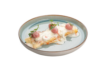 cooked fish with sauce and grapes on a plate, transparent background, cut out