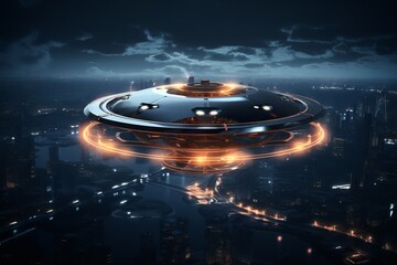 UFO hovering in the night sky over the metropolis