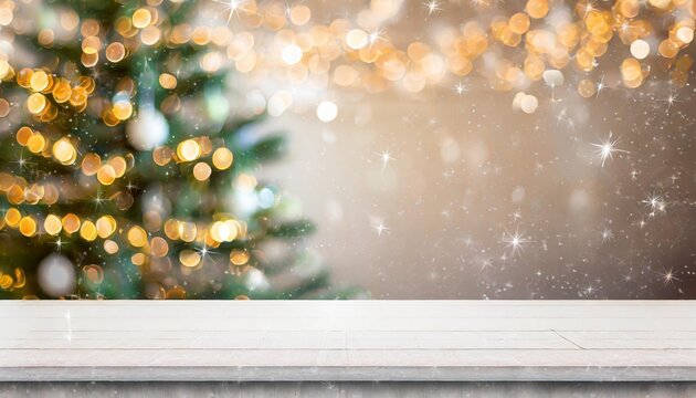 empty white wold table top with abstract warm living room decor with christmas tree string light blur background with snow holiday backdrop mock up banner for display of advertise product