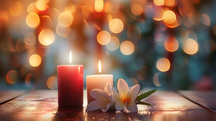 Religious symbols and elements of Christian holidays on a table with a blurred abstract background