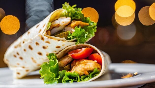 copy space image of burrito wraps from fillet grilled chicken pickles tomatoes and cheese on night bokeh street background