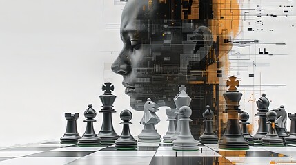 Conceptual illustration of chess game, AI vs human brain. Strategy concept. Ai generative.
