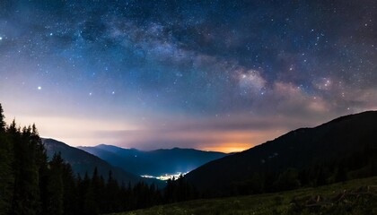 horizontal banner milky way night panorama with silhuettes of mountains and trees