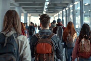 Fototapeta premium Rear view of a group of young Students with bag in School, Ai Generated
