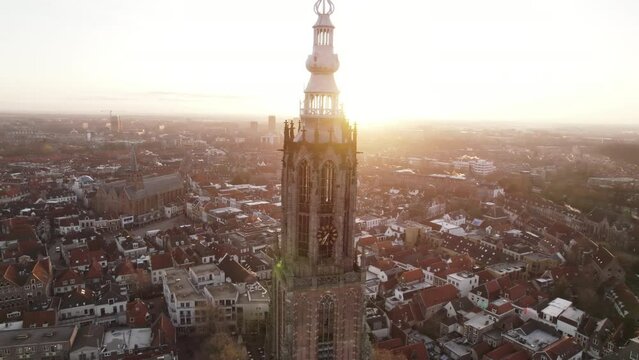 Aerial view of Amersfoort at spring season with the Lieve Vrouwe Tower, The Netherlands