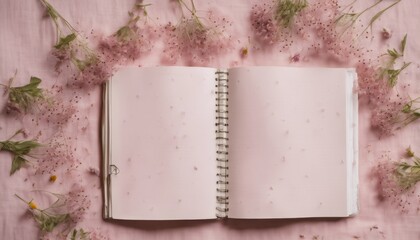 Diary with white pages on a pink background among wildflowers. Diary for entries