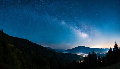 Fototapeta na wymiar horizontal banner milky way night panorama with silhuettes of mountains and trees