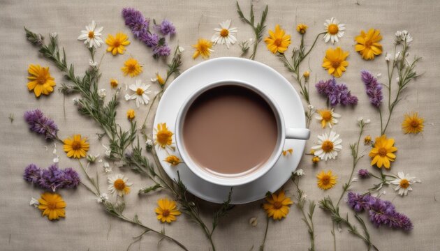Hot cocoa in a mug on a beige linen background among wildflowers