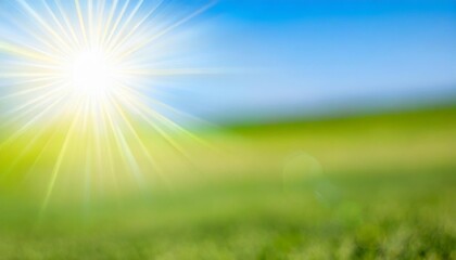 Fototapeta na wymiar sun shine on summer landscape banner empty background green field and blue sky blur nature template defocus abstract sunny day open air