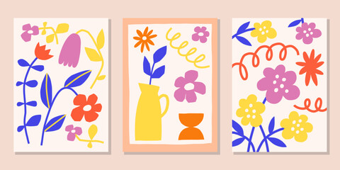 Cutout flowers poster designs. Bright summer vector print. Modern floral backgrounds set. Botanical wall art