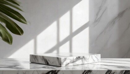product display featuring marble table and window shadow on white wall background for mockups