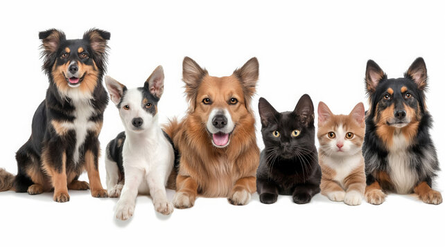 Dogs and cats of different breeds pose on an isolated white background. Generated AI