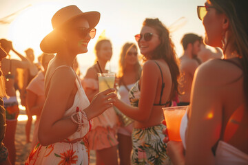 Young people at beach sunset party holding cocktails. Summer joy and lifestyle concept.