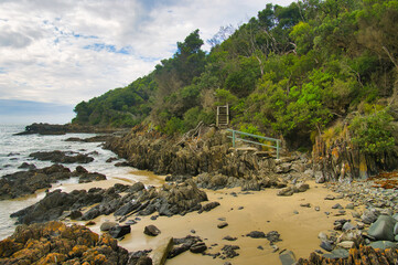 Coastal scenery with beach, rocks, forest and trail along the Cape Conran Nature Trail along the coast of Cape Conran, Gippsland, Victoria, Australia
