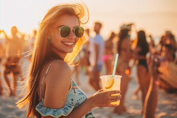 Beautiful woman at summer beach sunset cocktail party. Summer holiday concept.