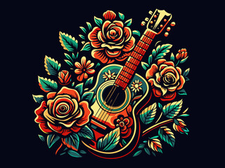 Mexican festival Cinco de mayo. Vibrant illustration of a guitar surrounded by roses, perfect for music and art themes